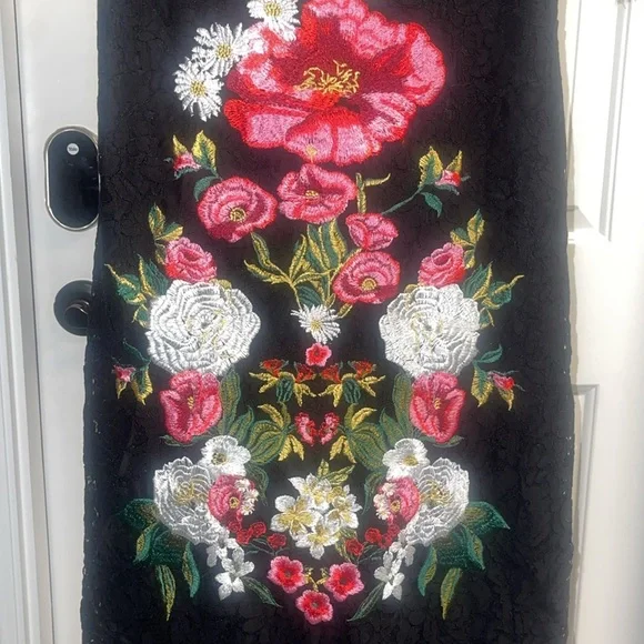 Embroidered Flowers Lace Luxury 3/4 Sleeve Midi Black lined Dress Back and front